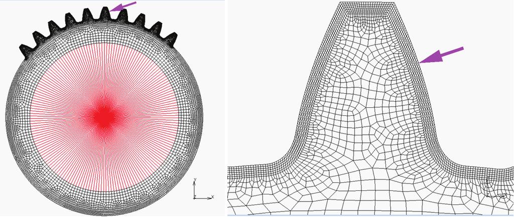 Şekil 9. Kesici takımın simetrik uç yarıçap katsayıları (0,38/0,38) ile modellenen dişlinin SEM modeli (FEM of gear modeled with symmetric tip radius coefficients of cutter (0.38/0.38)) Tablo 5.