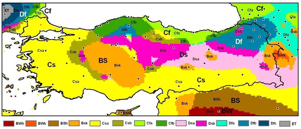 Climates of Turkey according to the Köppen-Geiger Climate
