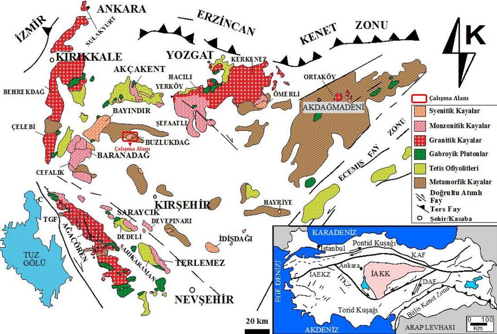 Şekil 1: İAKK nın basitleştirilmiş jeoloji haritası (KAF: Kuzey Anadolu Fayı, DAF: Doğu Anadolu Fayı, İAKK: İç Anadolu Kristalen Kompleksi, İTKZ: İç Toros Kenet Zonu, İAEKZ: İzmir Ankara Erzincan