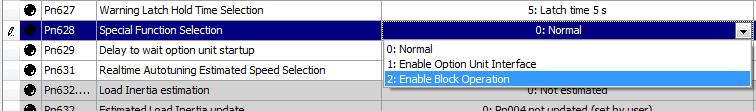 Açılan yeni projede ilk olarak drive programming de block operation özelliğini kullanabilmemiz için aktif etmek gerekir. Bunun için Pn628 parametresi 2 olarak seçilir.