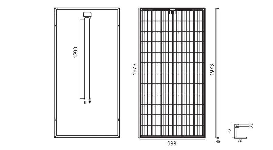 Hücre (mm) / Cell (mm) 156,75 x 156,75 Panel Ölçüsü / Dimensions (LxWxH (mm) 1973 x 988 x 40 Ağırlık (Kg.) / Weight (Kg.) 22.