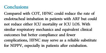 Sonuçta; Konvansiyonel oksijen tedavisi ile karşılaştırıldığında HFNC akut solunum yetmezlikli hastalarda entübasyon oranını azaltır. Ancak YBÜ mortalitesini veya yatış süresini değiştirmez.