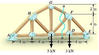 Örnek: Köprü kafesindeki 1, 2, 3 ve 4 nolu elemanların taşıdıkları kuvvetleri ve her elemanın çeki veya bası olduğunu