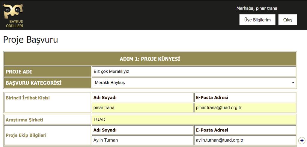 Birinci adım: Proje Künyesi + Artı ile