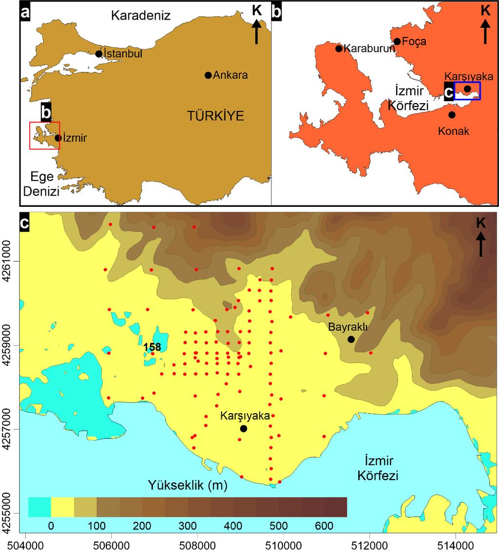 Şekil 1. Çalışma alanı yer bulduru haritası. a) Türkiye batı sınırları b) İzmir şehri sınırları c) Karşıyaka ve Bayraklı ilçeleri ve çalışma alanının topografya haritası.