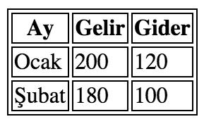 HTML Tablolar <table border="1"> <tr> <th>ay</th> <th>gelir</th> <th>gider</th> </tr> <tr> <td>ocak</td> <td>200</td> <td>120</td> </tr>