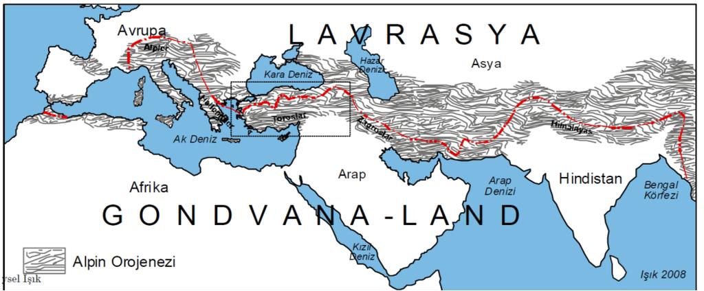 Şekilde görüldüğügibi Türkiye Alpin orojenik sistemine ait Alp Himalaya kuşağının Doğu