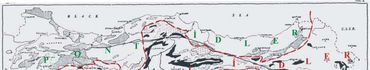 Major sutures and continental blocks of Turkey Türkiye nin tektonik sınıflamasıile ilgili ilk çalışma Edmund Neumann (1896) ın kısmen arazi çalışmasına dayalı sınıflamadır.