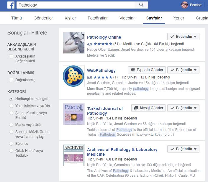 Adında patoloji kelimesi geçmediği halde patoloji bilimi ile ilgili gruplar, yada Facebook sayfa formatında dizayn edilip üyelik kabul durumuna göre