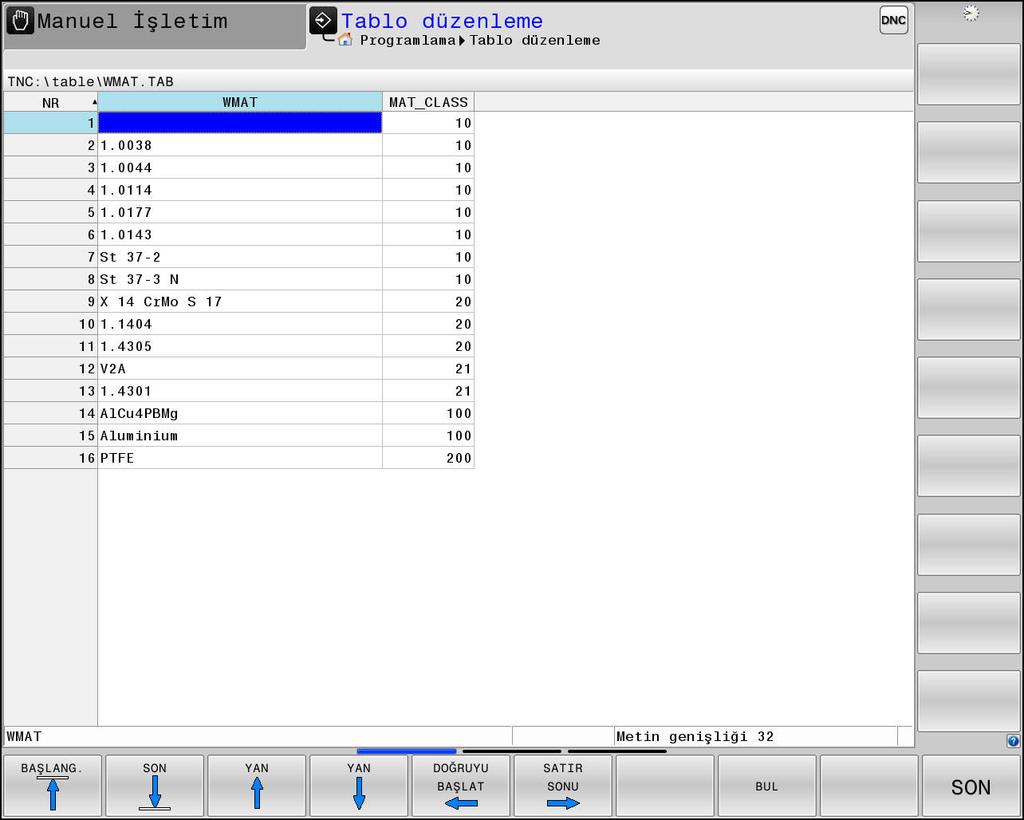 Programlama yardımları Kesim verileri işlemcisi 6 Malzeme materyali WMAT Malzeme materyallerini WMAT.tab tablosunda tanımlarsınız. Bu tabloyu TNC:\table dizinine kaydetmeniz gerekir.