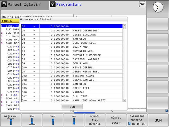 NC DURDUR tuşuna ve INTERN DURDUR yazılım tuşuna basın) veya program testini durdurun Q parametresi fonksiyonlarını çağırın: Q INFO yazılım tuşuna ya da Q tuşuna basın Kumanda tüm parametreleri ve
