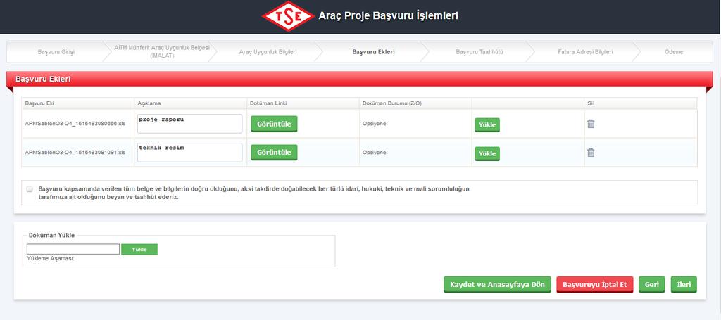 1- «Başvuru Ekleri» Sekmesi başvuruya ait eklerin (teknik