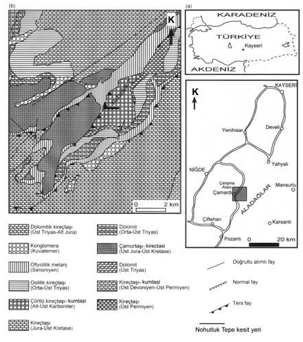 14 Yerbilimleri fiekil 1. nceleme alan n n (a) yer bulduru ve (b) jeoloji haritalar (Tekeli vd., 1984). Figure 1. Location (a) and geological (b) maps of the investigated area (Tekeli et al., 1984). nel olarak istifin tabandan tavana de in sürekli ve egemen kayatürü kireçtafl d r (fiekil 2).