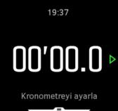 Zamanlayıcılar Saatinizde temel saat ölçümleri için bir kronometre ve geri sayım sayacı bulunur. Saat yüzünde, başlatıcıyı açın ve sayaç simgesini görene kadar ekranı yukarı kaydırın.