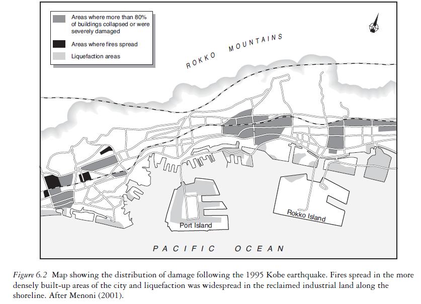 1995 Kobe depremi sonrası hasar dağılımı (binaların %80 inin çöktüğü yerler koyu gri alanlar).