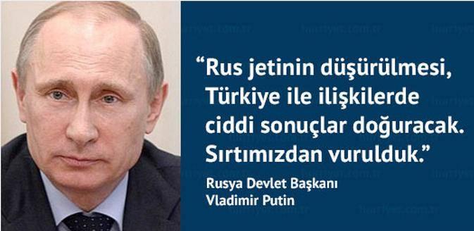 24 Kasım 2015 Putin'den Suriye sınırında düşürülen Rus uçağıyla ilgili şoke eden açıklamalar Düşürülen uçağın Türkiye'ye tehdit oluşturmadığını öne süren Putin, Suriye'deki militanlardan Türkiye'ye