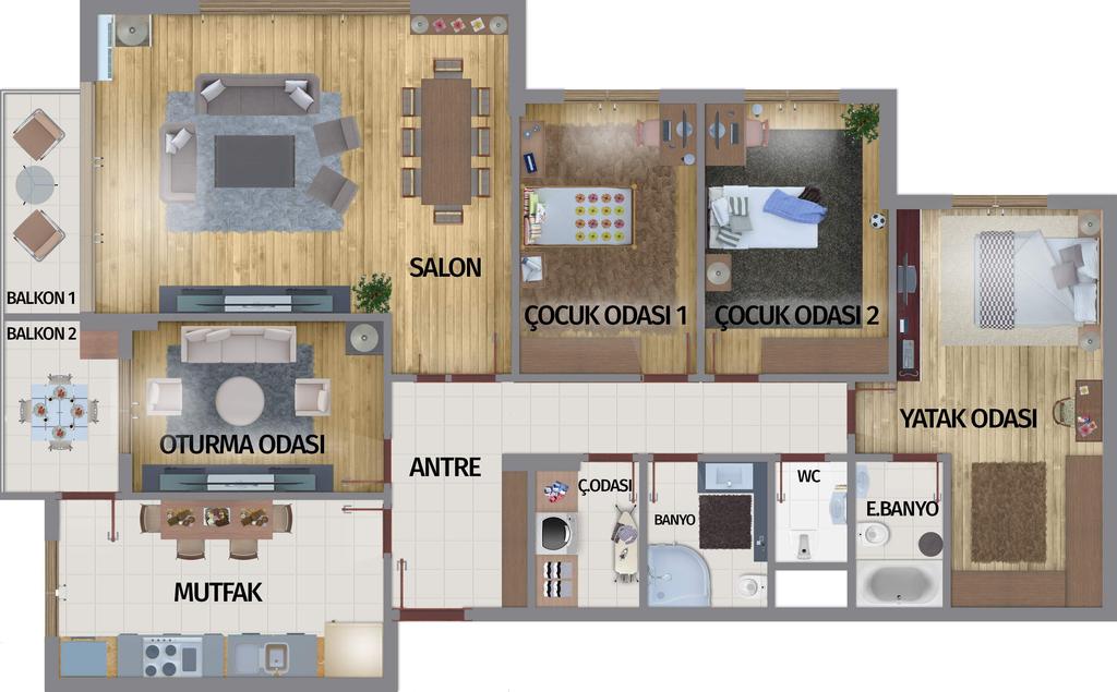 4+1 DAİRE SALON OTURMA ODASI YATAK ODASI ÇOCUK ODASI 1 ÇOCUK ODASI 2 MUTFAK BALKON 1 BALKON 2 ÇAMAŞIR ODASI BANYO WC EBEVEYN BANYO ANTRE 32,50 m 2 10,60