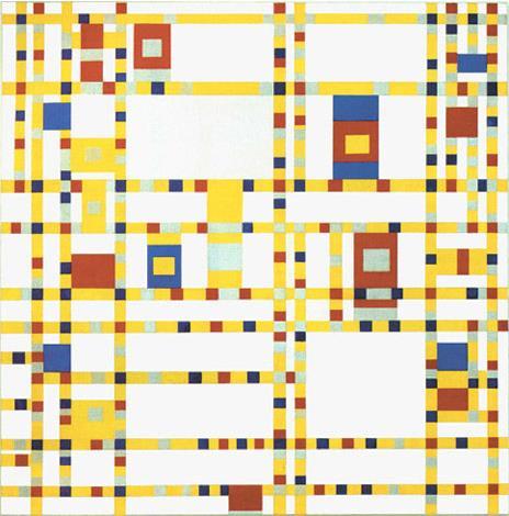 1941-42 Bir diğer esere (Görsel 5) bakıldığında Mondrian ın beyaz, gri ve ana renklerden oluşan dörtgen renk alanlarıyla birlikte ilk defa renk alanlarıyla çevrili ikili - üçlü renk alanları