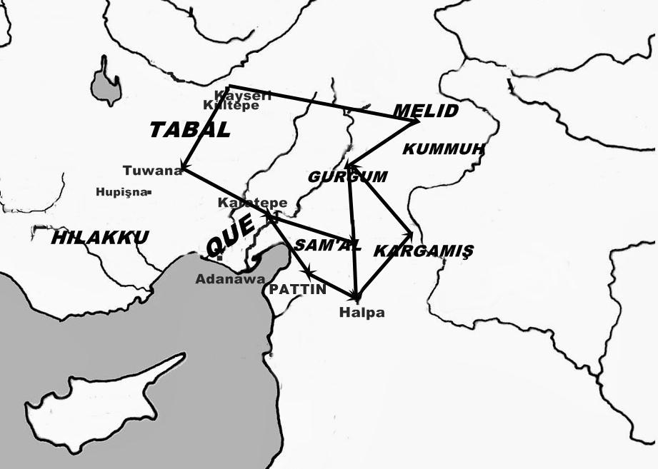 45 International Journal of Humanities and Education Mezopotamya dan başlayıp Tabal e ulaşan bu büyük yol ağının kontrolü Sam al ve Que devletlerinin arasını açmış; söz konusu yol güzergâhı bu