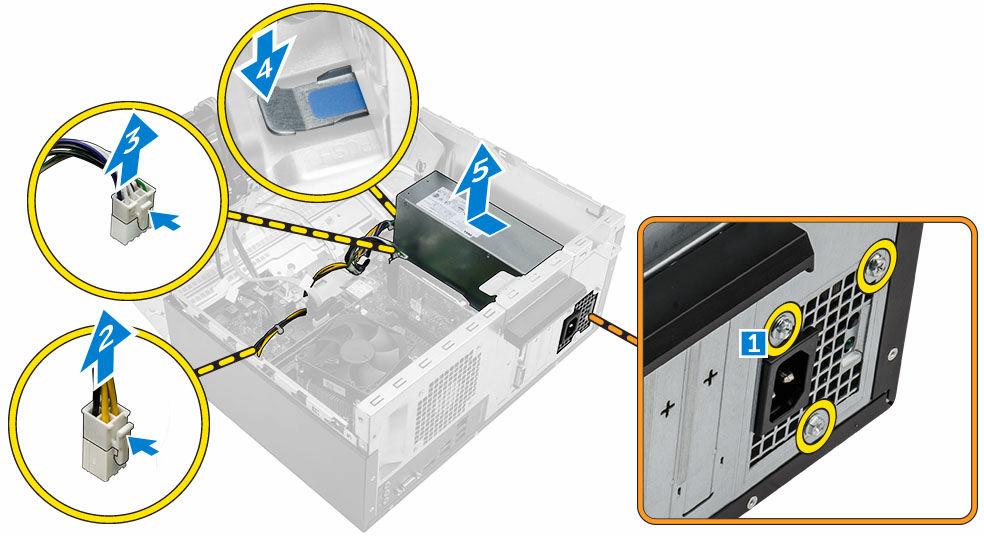 Güç kaynağı ünitesini (PSU) takma 1. PSU'yu, PSU yuvasına takın ve yerine oturana kadar bilgisayarın arkasına doğru kaydırın. 2. PSU'yu bilgisayara sabitlemek için vidaları sıkın. 3.