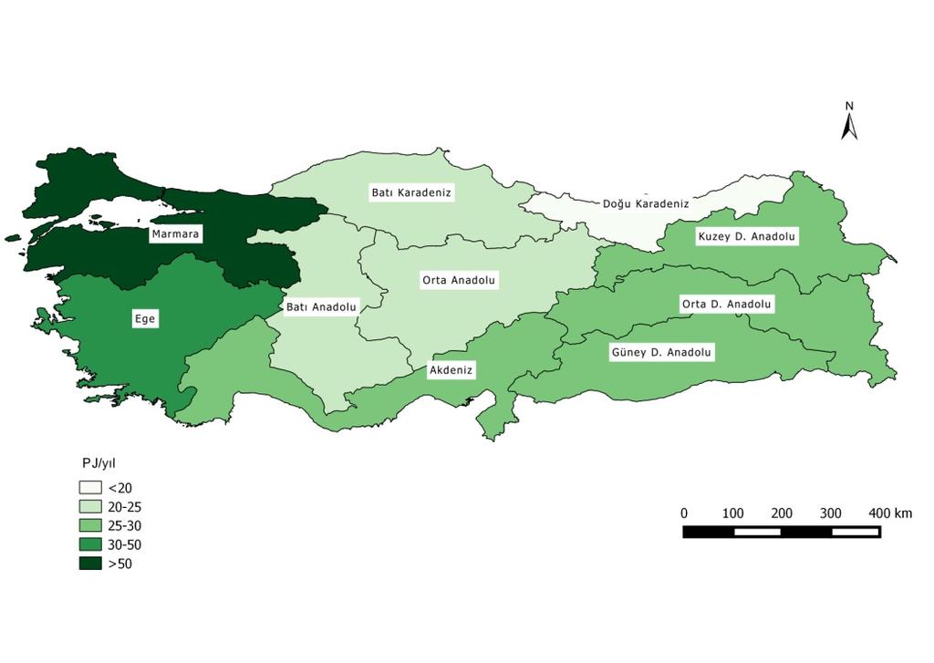 Karadeniz Bölgesi, 4-6 sınıfında Orta Anadolu ve Ege Bölgeleri, 6-8 sınıfında Marmara ve Batı Anadolu Bölgeleri, >8 sınıfında Akdeniz ve Güney D. Anadolu Bölgeleri yer almaktadır (Şekil 3, Çizelge 9).