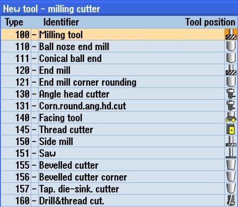 Takım listesi Bölüm 3 Notlar New tool - milling cutter listesini açmak için, VSK 2 Cutters 100-199 tuşuna basın. Mevcut tüm freze ağızlarını içeren bir liste açılır.