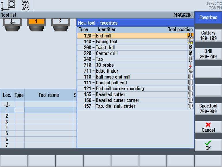 Takım, mil ve tezgah konumları (T,S,M) Favoriler takım seçimine ulaşmak için, VSK 1 "new tool" tuşuna basın.
