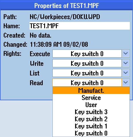Depolama ortamı NC Bölüm 3 3.11 Program ve dizinlerin özellikleri Notlar Genişletilmiş dikey tuş çubuğunda VSK 2.6 Properties tuşuna bastığınızda, imlecin konumuna ve seçili programa (burada TEST.