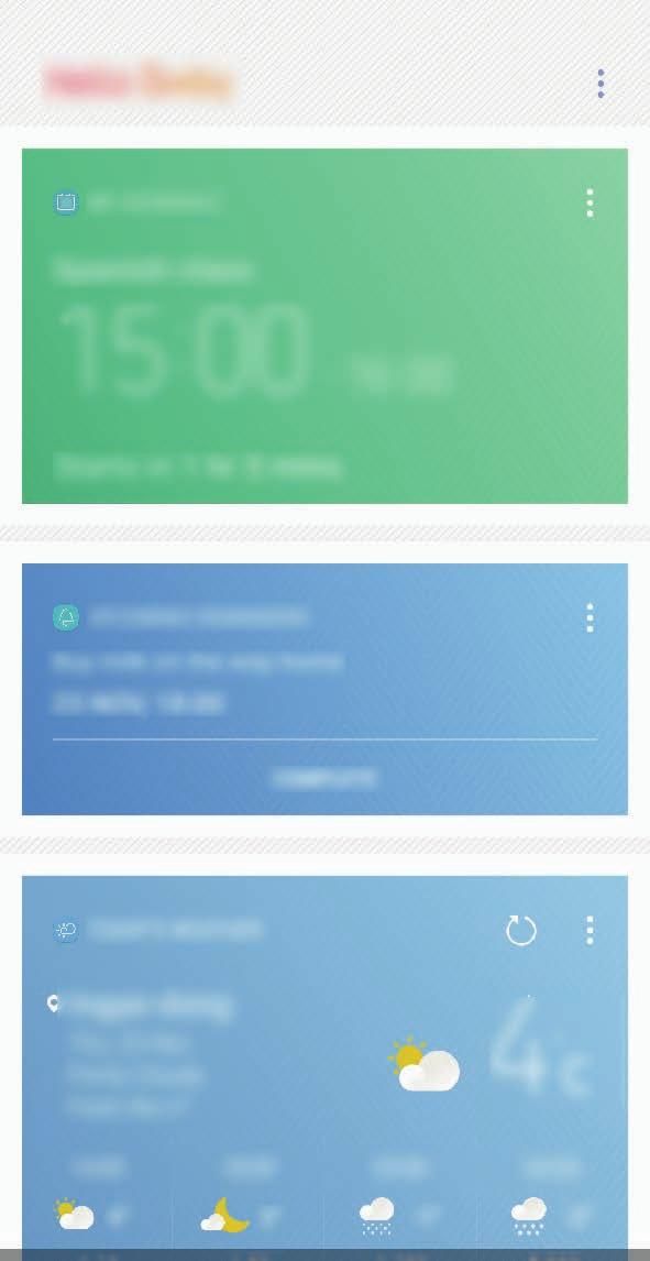 Uygulamalar ve özellikler Bixby Home Bixby Home ekranında Bixby'nin kullanma düzenlerinizi ve rutininizi analiz ederek tavsiye ettiği hizmetleri ve sağladığı bilgileri görüntüleyebilirsiniz.