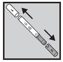 Şekil No: 4 Bordo renkli güvenlik kapağını (2 numaralı kapak) çekip çıkararak bordo renkli aktivasyon düğmesini açığa çıkarınız. Şimdi enjeksiyon kalemi kullanıma hazırdır.
