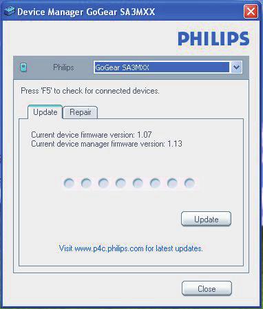9 Philips Device Manager ile bellenimi güncelleştirme 3 MIX ürününü PC'nize bağlayın. Cihaz bağlandığında, metin kutusunda "SA5MXXXX" görüntülenir. Cihazın mevcut bellenim sürümünü görebilirsiniz.