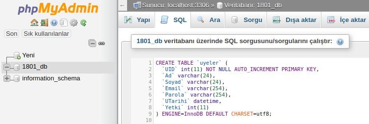 Yukarıdaki SQL ifadeleri ile 1801_db veritabanı içerisinde üyeler adlı tablo oluşturulur. Artık tablo oluşturulmuştur.