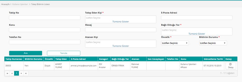 Ekler alanı arıza veya taleple ilgili ekran görüntüsü, belge alıntısı vs. gibi ekleri doc, pdf, png, jpg vs. formatlarda eklenebilmesini sağlayan alandır.