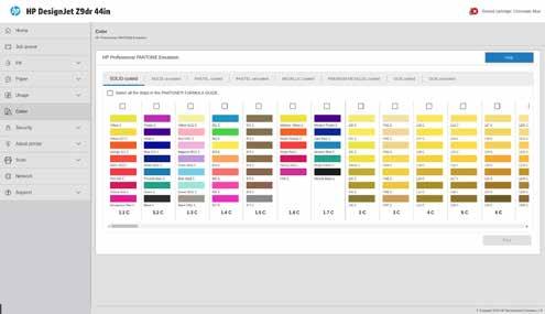 HP Designjet Z6 ve Z9 + Yazıcı serilerinde, çeşitli Pantone kılavuzlarından alınmış sayfalar, aşağıdaki şekilde gösterildiği gibi Gömülü Web Göndericisi nde görsel olarak seçilebilir.