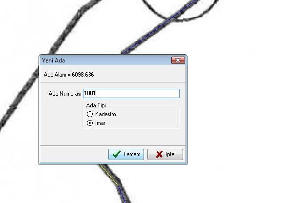 Netmap menü altından, Yeni alt menüsü seçildikten sonra çıkan menüden Ada seçeneği seçilmesi ile imar adalarının oluşturulması gerekmektedir.