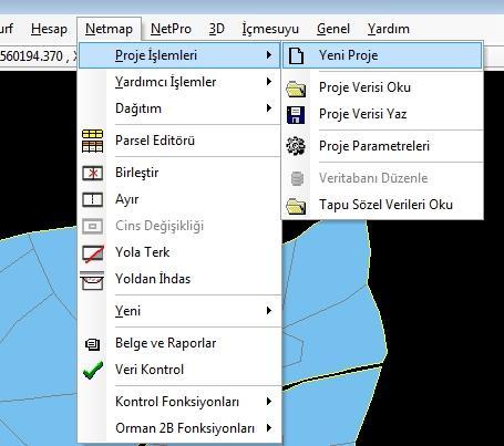 Şekil 16 Uygulamanın Netmap projesi haline dönüştürülmesi Şekil 15 de görüldüğü gibi ilk olarak her iki katmanda bir projede açıldıktan sonra Netmap Menü, menü alt