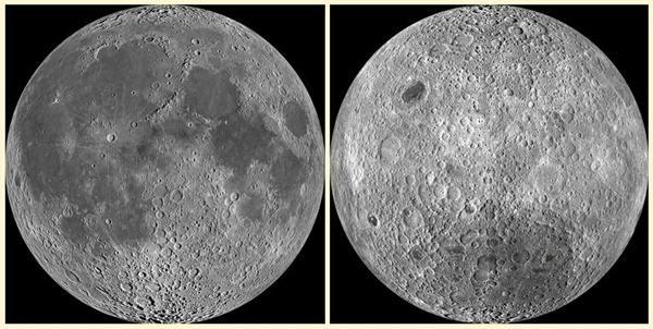 Solda, Ay ın Dünya dan görülen tarafı. Sağda ise, göremediğimiz yüzü. Ön yüzeyinde çokça gördüğümüz, yüzde 31 ini kaplayan koyu renkli düzlüklerden arka tarafta pek yoktur.