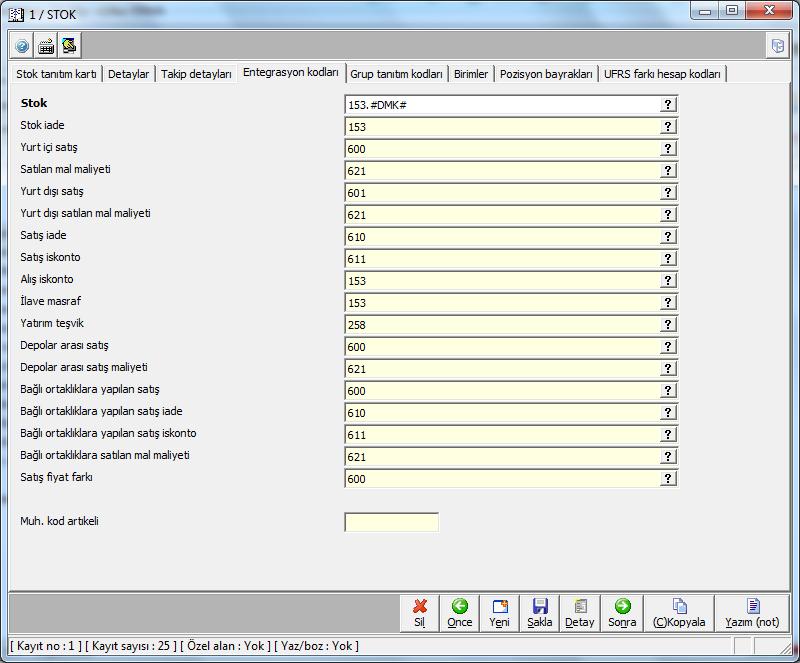 Stok tanıtım kartı 011300 menüsünde Entegrasyon kodları tanımından Stok alanına 153.#DMK# şeklinde tanımlama yapınız.
