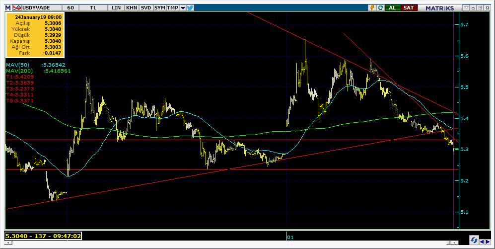 Vadeli Döviz Kontratı Teknik Analiz Görünümü Destek Direnç Seviyeleri ve Pivot Değeri Kodu Son Fiyat 1 Gün Pivot 1.Destek 2.Destek 1.Direnç 2.Direnç F_USDTRY0119 5.