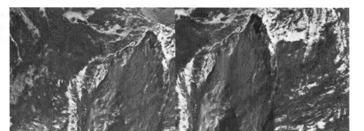 51 Şekil 3.3 Hope Kayması na (British Columbia) ait hava fotoğraflarının stereo çifti; kayan kütlenin hacmi 47 milyon m 3 olup, karayolunun 3,2 km lik kısmı heyelan altında kalmıştır.