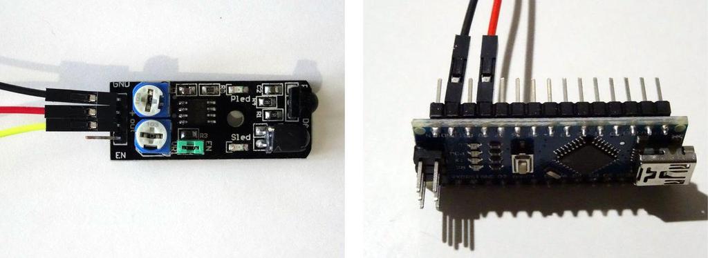 Kızılötesi Engel Kaçış Sensörü Power(güç kaynağı), Ground(toprak), Signal ve Enable pinlerine sahiptir. Board da 2 potansiyometre ve bir adet jumper bulunur (Resimde görebilirsiniz).