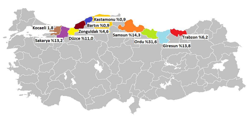 KSÜ Tarım ve Doğa Derg 21(Özel Sayı): 154-160, 2018 Şekil 1. Türkiye fındık üretiminde önemli olan illerin üretim payları (%) Çizelge 3.
