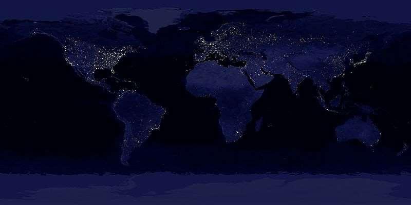 NASA tarafından, çok sayıda resim bir araya getirilerek oluşturulmuş, yeryüzünün birleşik gece görüntüsü.