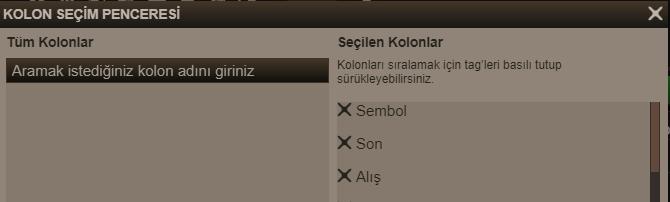 Sağ tarafta yer alan listeden kaldırmak istediğiniz kolonlar olur ise, önündeki x işaretine tıkladığınızda listeden kaldırılır.