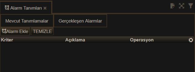Mevcut Alarm yok ise pencerenin alt kısmı boş gelecektir.