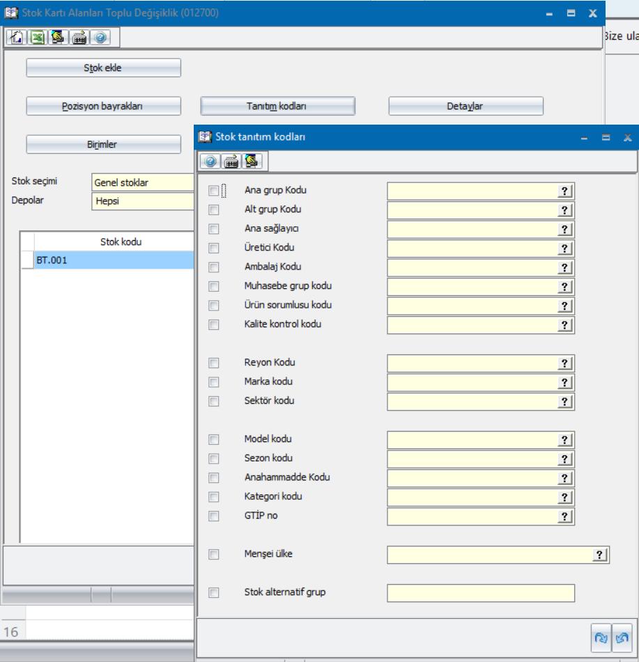 Stok Kart Alanları Toplu Değişiklik Menüsünde Menşei Alanı Stok Kart
