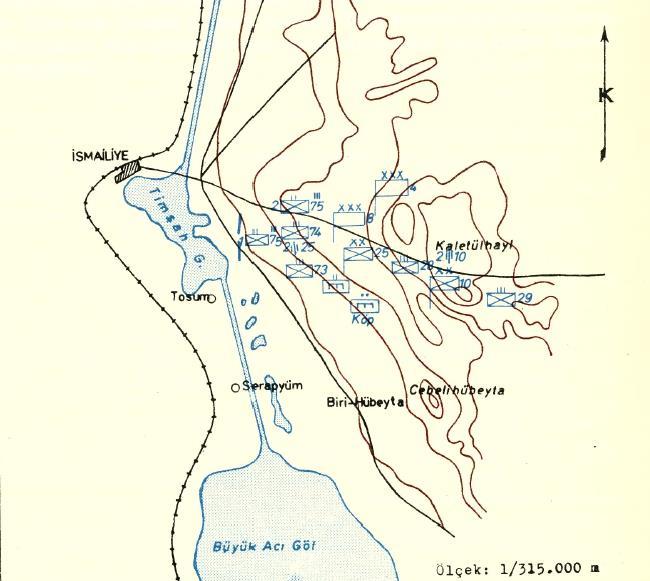 43 3.2. Birinci ve İkinci Kanal Taarruzlarında Hava Harekâtı Osmanlı kuvvetleri Birüssebi de toplanarak birleşmişler ve birliklerin buradan iki aşamalı olarak hareket etmesi planlanmıştır.