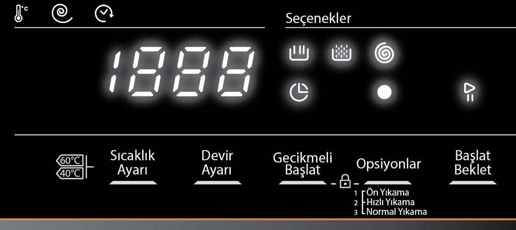 Elektronik gösterge Elektronik göstergede makinenizin yıkama suyu sıcaklığını, sıkma devir hızını, makinenizin yıkamayı ne kadar süre sonra bitireceğini, seçmiş olduğunuz ek fonksiyonları ve