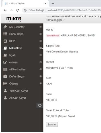 Mikro Drive Partner Son olarak bu ekranda satın al diyerek işlemi bitiyoruz.