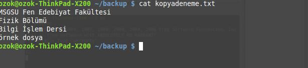 txt isimli yeni bir dosyaya kopyalamak için; [ozok@ozok-thinkpad-x200 ~ $ cat kopyadeneme.txt > yedek.